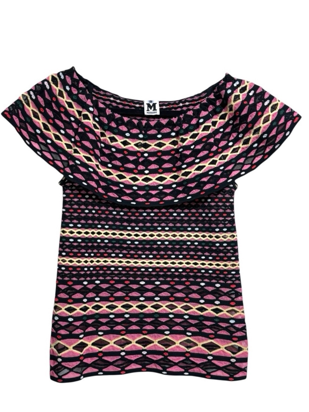 M Missoni Sheer Open Knit Ruffle Overlay Geometric Pattern Top Pink Black